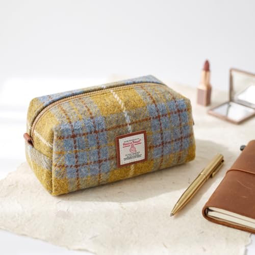 TAILORMAP Harris Tweed Wool Cosmetic Bag, Large Capacity Scottish Tartan Handmade Makeup Organizer, Stain-Resistant Travel Toiletry Pouch for Women (Yellow) - color: Yellow