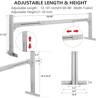 Trailer Ladder Rack, Adjustable Roof Rack for Open/Enclosed Trailers | 800 lb capacity. Painted frosted aluminum. 2 ratchet straps. Fits 5.7'-8.1' trailers. Height adjustable. Patent USD1011870S.