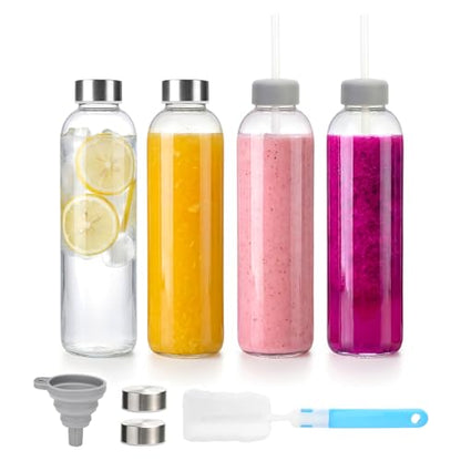 Zukro 24 oz Clear Glass Water Bottles with Stainless Steel Lids, Set of 4