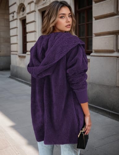 Zilcremo Women Hooded Cardigan Open Front Fuzzy Jacket - color: Purple, size: Medium