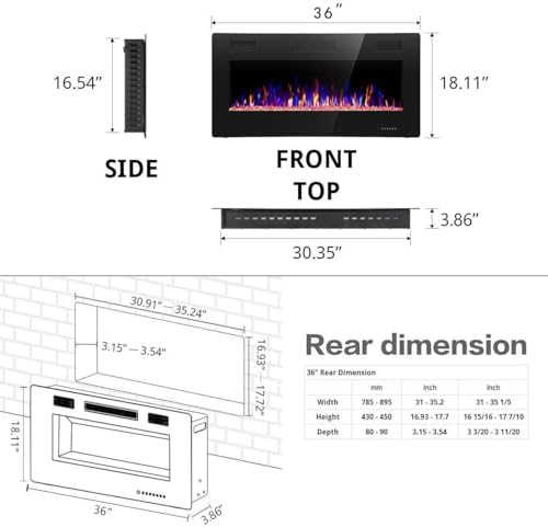 R.W.FLAME 36 inch Recessed and Wall Mounted Electric Fireplace, Ultra Thin ad Low Noise, Fit for 2 x 4 and 2 x 6 Stud, Remote Control with Timer,Touch Screen,Adjustable Flame Color and Speed - size: 36"