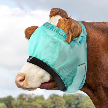 Harrison Howard Cattle Livestock Fly Mask Breathable Mesh Padded Edging with Fun Patterns Large Spacing Forelock Opening Design Adjustable Fit for Cattle Mint - color: Mint