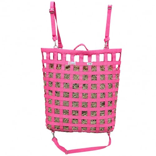 Tahoe Patented 4-Sided Slow Feed Hay Bag with Super Tough Bottom – 2"x2" Openings, Easy-Fill Plastic Ring Top, Holds 4 Flakes, Reinforced Nylon, Dust-Draining Design, 1-Year Warranty - color: Pink