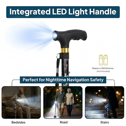 Walking Cane with LED Light, Foldable,Adjustable, Self Standing Walking Canes for Men & Women,Walking Sticks with Quad Base for Seniors & Adults - color: Black flowers