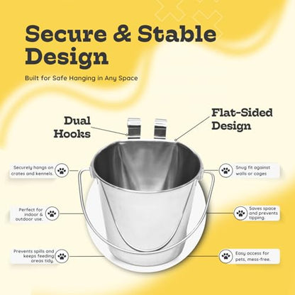 2 Quart Stainless Steel Flat Sided Bucket with Dual Hooks | 2 Pcs Durable Food & Water Bowl for Dog Cats Bird & Small Animals | Fits kennel Cage Crates Hanging Pet Pail | Multipurpose use - size: 2 Quart (Pack of 2)