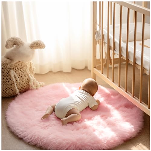 Ashler Faux Fur Rug, Pink Fluffy Shaggy Area Rug, Soft 3x3 Ft Round Sheepskin, Fuzzy Machine Washable Carpet, Nursery Rug for Kids Bedroom, Living Room - color: C-pink, size: 3' (Round)