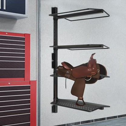 Saddle Rack 4 Tier Wall Mounted, Heavy Duty Saddle Storage Rack for Tack Room Barn Stable, Metal Horse Saddle Holder with Bridle Hooks, Western English Saddle Stand Organizer
