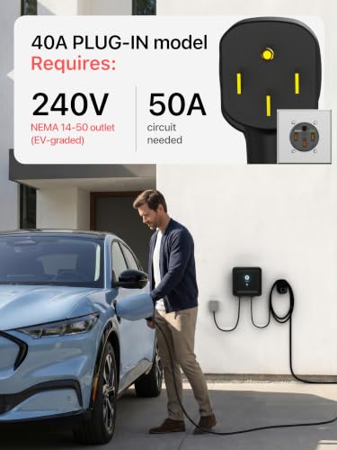 EVIQO Level 2 EV Charger J1772 40A NEMA 14-50 - 240V Wall Charging Station | Plug in, up to 40 mph, 25ft Cable, WiFi (2.4GHz), Smart App, Weatherproof Indoor/Outdoor (IP66, NEMA 4), UL & ETL Certified - size: 40