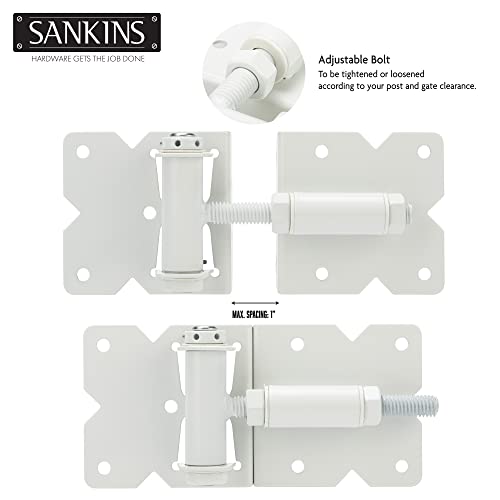 Self Closing Gate Hinges Heavy Duty Hardware Hinges for Wooden/Vinyl/PVC Fences, 90 Degree Adjustable Gate Hinge with Installation Screws and Swing Adjuster Tool, 2 Pack/Set, White - color: White