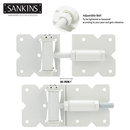 Self Closing Gate Hinges Heavy Duty Hardware Hinges for Wooden/Vinyl/PVC Fences, 90 Degree Adjustable Gate Hinge with Installation Screws and Swing Adjuster Tool, 2 Pack/Set, White - color: White