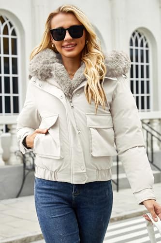 Winter Coats for Women Thickened Puffer Jacket with Detachable Fur Hood Winter Warm Parka Puffer Coat - color: Beige, size: Medium