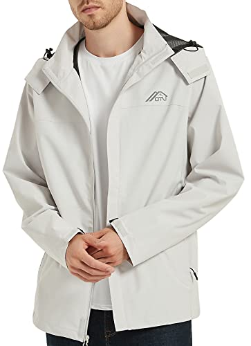 OTU Men's Lightweight Waterproof Hooded Rain Jacket Outdoor Raincoat Shell Jacket for Hiking Travel Light Grey S