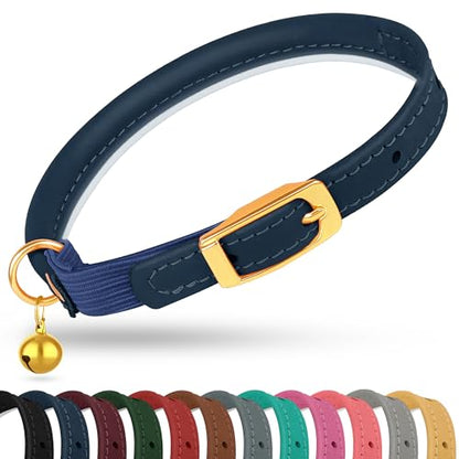 OOPSDOGGY Rolled Leather Cat Collar with Bell - Reflective Kitten Collar with Safety Elastic Strap - Adjustable Small Pet Collars for Boy Girl Cats (Blue) - color: Blue