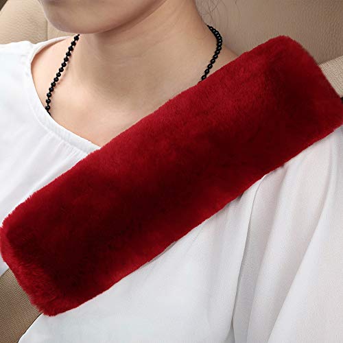 2 Pack Red Sheepskin Car Seat Belt Cover Pads | Soft Wool Seatbelt Cushions - color: Claret, size: Shearling Wool