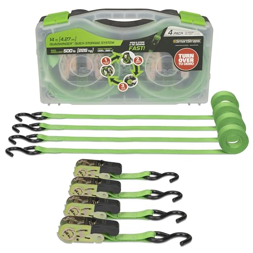 SMARTSTRAPS - 101W QuadWinder 14’ Padded Ratchet Tie Down, Green (4pk) - Patented Self-Loading Storage Case - 1,500lb Break Strength, 500lb Safe Work Load – Haul Lighter Loads Like ATV’s, Mowers and More