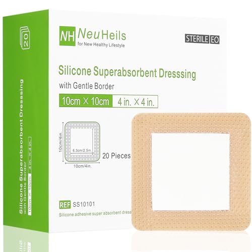Silicone Super Absorbent Wound Dressing 4"x4", 20 Pack by NeuHeils | High Absorbency, Painless Removal, Waterproof for High Exudate Pressure Ulcers, Bed sores, Leg Ulcers, Surgical Wounds, Cuts - size: 4''x4'' (20 Packs)