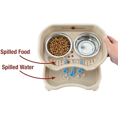 Neater Feeder Express Mess Proof Dog Bowls Elevated for Small Breed – Made in USA – No Spill Raised Slow Feeder Elevated Dog Bowl Stand, Stainless Steel Food and Water Bowl Set, Almond - color: Almond, size: Small w/ Metal Slow Feed Bowl