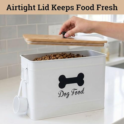 Metal Dog Food Container 15-20 lbs w/ Airtight Bamboo Lid, 70 Cup Capacity - color: White