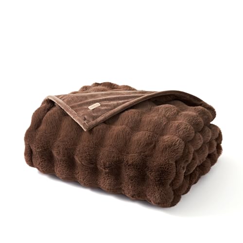 EverGrace Faux Rabbit Fur Bubble Throw Blanket, 50"x60", Chestnut - color: Chestnut, size: 50"x60"