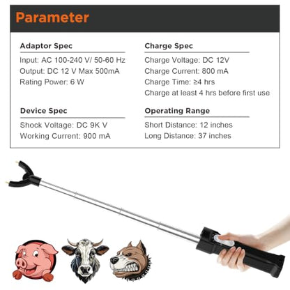 Cattle Prod Rechargeable with Led Light, Waterproof Cattle Prod Stick, Retractable Cattle Prod, Lightweight Pig Cattle Prod Livestock, Cow Prod, Electric Cattle Prod, 37 Inch, Black - color: Black