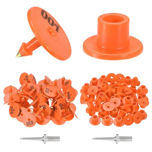 M METERXITY 50-Pack Cattle Ear Tags 001-050 Number, Plastic Round Livestock Tags with 2 Ear Label Needles for Cows/Sheep/Cattle/Pig, Farm Animal Identification Markers [Orange] - color: Orange