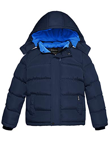 wantdo Boys Puffy Winter Coats Fleece-Lined Snow Jackets Removable Hood | Elastic Cuffs, Hook-and-Loop Collar, Windproof, Machine Washable - color: Navy, size: 6-7