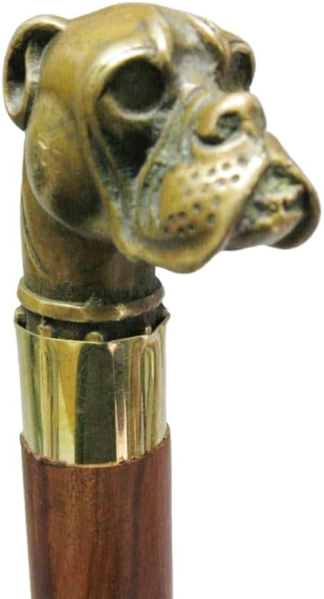Vintage Walking Cane, Canes for Women, Wooden Stick with Boxer Dog Head Handle, Antique Bronze Finish, Shillelagh Cain