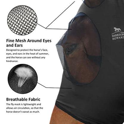 Harrison Howard Super Comfort Stretchy Fly Mask Large Eye Space with UV Protection Soft on Skin with Breathability Piano Black Cob (Medium) - color: Piano Black, size: Cob (Medium)