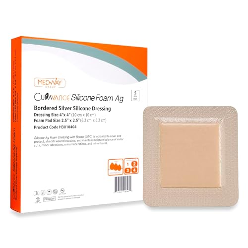 CuraVance Silicone Bordered Dressing with Silver, Absorbent 4"x4", Box of 5 | Sterile And Individually Wrapped - Silver Ag Dressing Pads - Antimicrobial & Odor-Resistant, Highly Absorbent & Medical Grade - size: 5 Count (Pack of 5), style: 4"x4" Silver