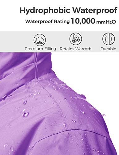 wantdo Girls Winter Ski Coat Fleece Snowboarding Jacket Waterproof 10000mm | Removable Hood, Chest Pocket, Fleece Lining, Windproof, Machine Washable - color: Purple, size: 10-12