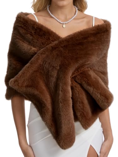 Women's Luxe Short Pile Faux Fur Coat with Shawl Collar - color: Chestnut