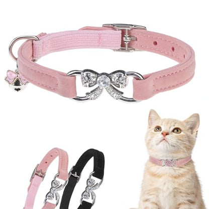 BINGPET Diamond Cat Collar with Bell,Adjustable Kitten Collar,Pink - color: Pink(Bowknot), size: Neck Girth 8"-10"