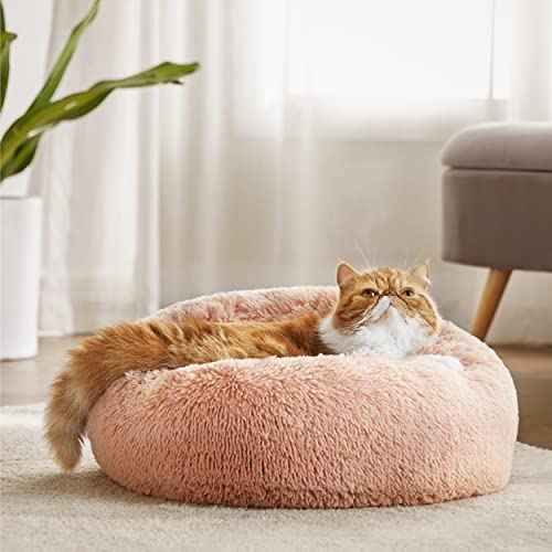 Bedsure Calming Cat Beds Donut Round Washable Kitten Bed,20 inches Pink | Fluffy Faux Fur Cuddler,Machine Washable,Anti-Slip Bottom,Anti-Anxiety,Deep Sleeping for Cats&Small Pets Up to 15 Lbs - color: Pink, size: 20"L x 20"W x 6"Th
