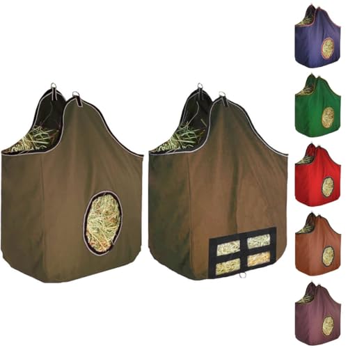 Derby Originals Large 24 OZ Canvas Horse Hay Bag 2 Sided Combo Design X Wide Gusset and 6 Month Warranty - color: Tan/Chocolate