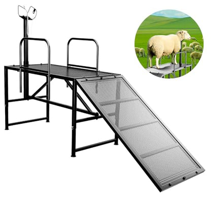Goat Stand with Ramp for Sheep & Goats, Adjustable Height 20"-32", 47x23" Metal with Headpiece & Nose Loop for Hoof Trimming, Milking & Shearing
