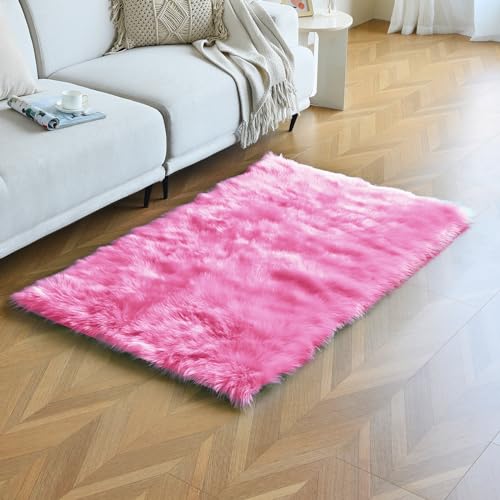 duduta Hot Pink Faux Sheepskin Fur Rug 3x5 ft, Fluffy Carpet Rug - color: Hot Pink, size: 3' x 5'