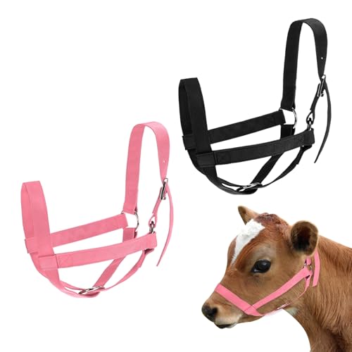 M METERXITY 2-Pack Adjustable Cattle Cow Calf Halter, 13.78"-17.7" Nylon Livestock Cow Halter for Miniature Horse/Donkey/Goat/Cattle [Black/Pink]