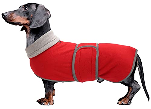 Dachshund Coats Sausage Dog Fleece Coat in Winter Miniature Dachshund Clothes with Hook and Loop Closure and high vis Reflective Trim Safety - Red - XS - color: Red, size: X-Small(Back: 12"-13"in)
