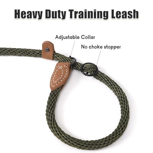 Mile High Life Heavy Duty Slip Lead No Pull Leash w Leather-Reinforced Ends - color: Drak Green, size: 6 Feet