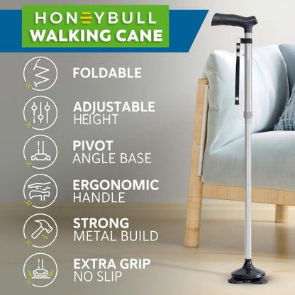 HONEYBULL Walking Cane for Men & Women, Foldable Free Standing Cane - color: Silver