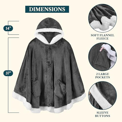PAVILIA Hooded Blanket Poncho for Women, Fleece Wearable Shawl Wrap, Grey | Fleece Shawl Wrap with Hood, Adult Wearable Blanket, Cozy Warm Poncho Cape Throw with Pockets, Gift for Elderly Mom - color: Grey