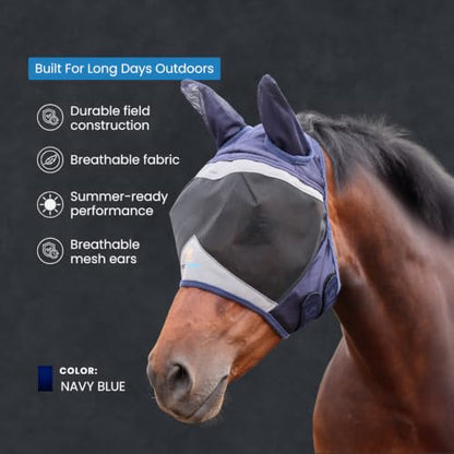 Shires FlyGuard Pro Fine Mesh Fly Mask with UV Protection Navy/Extra Extra Full/Ears - color: Navy, size: Extra Extra Full