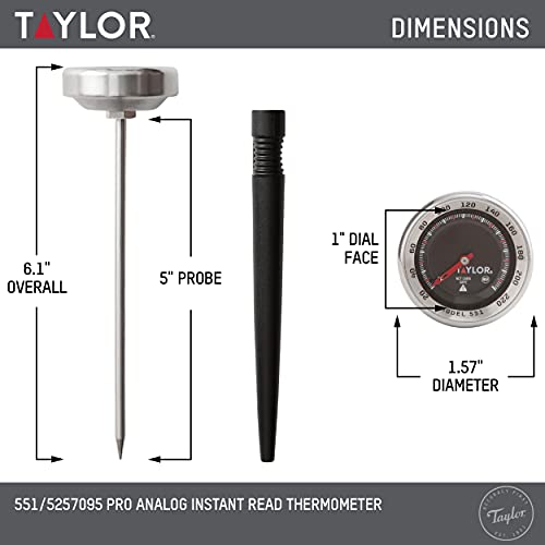 Taylor Pro Series Analog Instant Read Thermometer – 5" Stem, NSF Stainless Steel Dial Gauge with Pocket Clip, 120°F to 220°F Temperature Range for Meat, Grill & Baking Use (Black) - color: Black