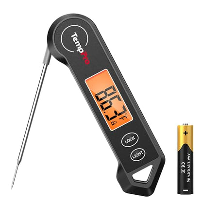 TempPro TP19H Waterproof Digital Meat Thermometer | Ambidextrous Backlit & Motion Sensing, Cooking Food Thermometer for BBQ Grill Smoker Oil Fry Candy Thermometer - color: Pitch-black