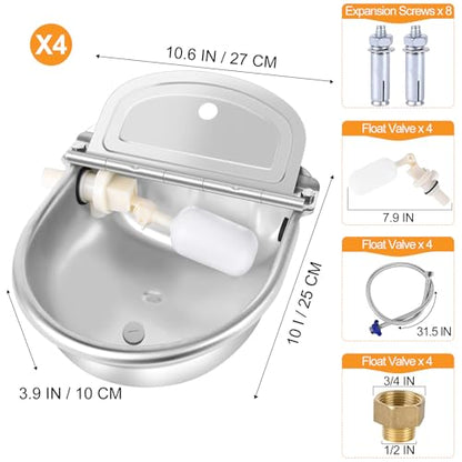 4PCS Automatic Animal Drinking Water Bowl Stainless Steel Waterer Feeder Farm Dog Dispenser Kit Self Filling for Livestock Horse Goat Water Trough with Float Valve Drain Hole Hose Adapter Bolts - size: 4 PCS