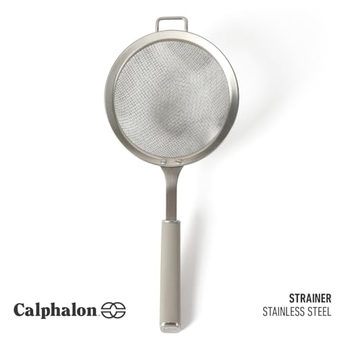 Calphalon Edge Stainless Steel Mesh Strainer with Thermoplastic Rubber Handle, Fine Kitchen Sieve for Draining, Rinsing, Sifting & Food Prep Tasks, Taupe - color: Taupe w/ Rubber Handl (Edge - Strainer)