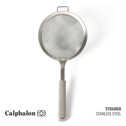 Calphalon Edge Stainless Steel Mesh Strainer with Thermoplastic Rubber Handle, Fine Kitchen Sieve for Draining, Rinsing, Sifting & Food Prep Tasks, Taupe - color: Taupe w/ Rubber Handl (Edge - Strainer)