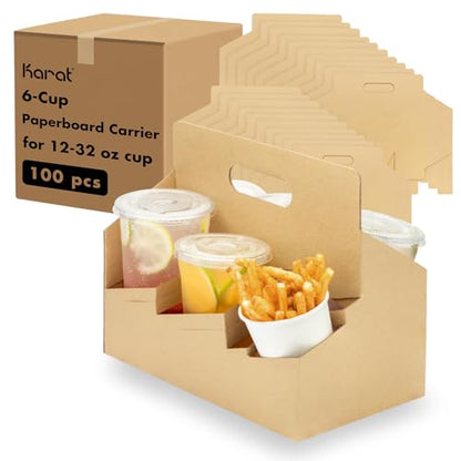Karat [100ct Drink Carrier with Handle - Sturdy Paperboard Kraft Coffee Cup Carrier for Hot/Cold Beverages, Fits 10-32 oz Cups - Eco-Friendly, Disposable To-Go Drink Holder (6-Cup) - size: 6-Cup