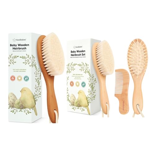 Keababies Baby Hair Brush and Baby Hair Brush and Comb Set - Wooden Brush with Soft Goat Bristles, Soft for Newborn's Head and Craddle Cap Softener