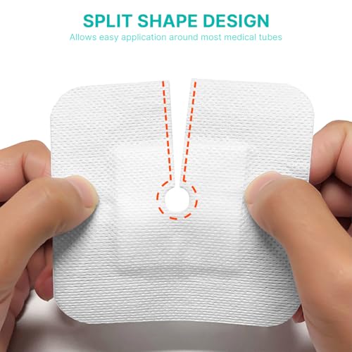 Split Drain Adhesive Bandages 4" x 4" Pre-Cut for Feeding Tubes, Dialysis Catheters & Drains - Soft Non-Stick Pad - Individually Wrapped 20 Pack Wound Dressing Pads